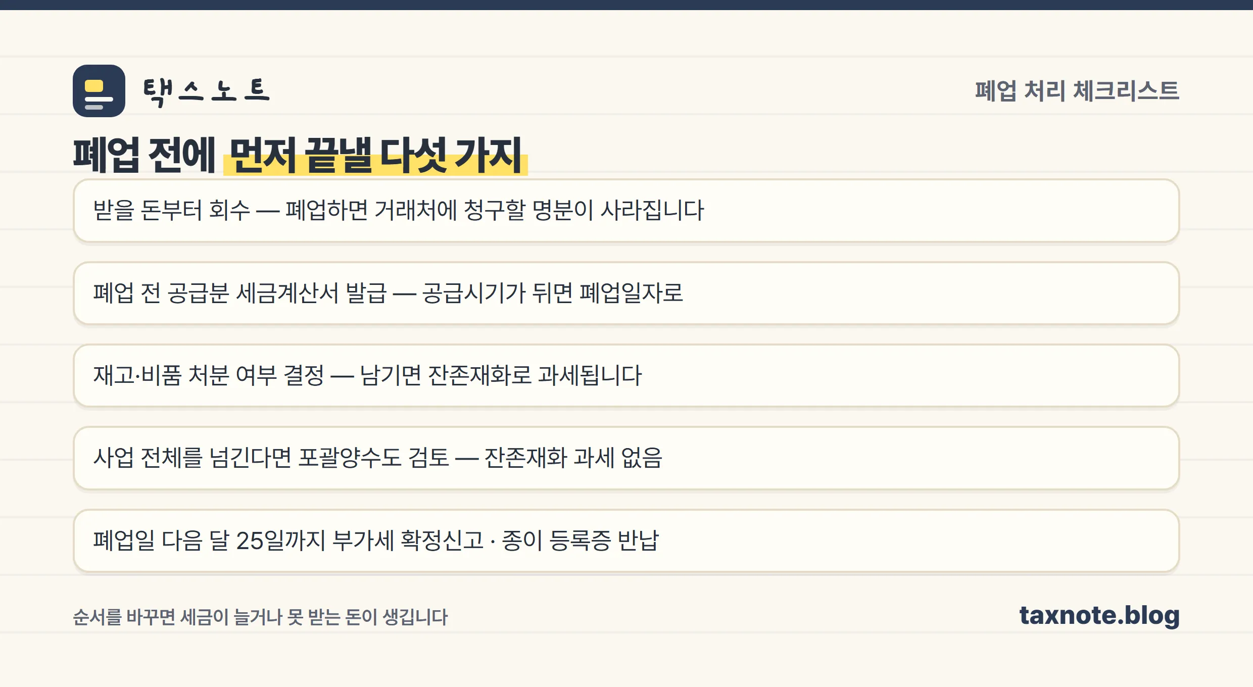 폐업 처리 체크리스트 다섯 가지를 정리한 노트 이미지