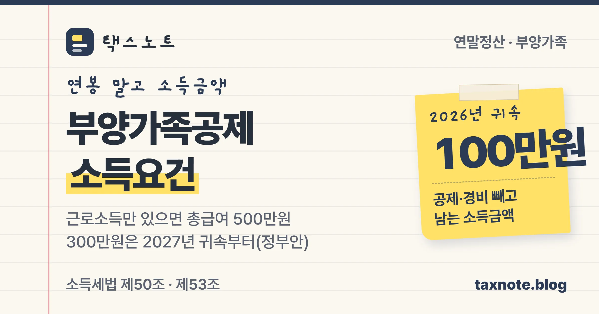 부양가족공제 소득요건은 연봉이 아니라 소득금액 100만원 기준이라는 점을 포스트잇과 형광펜으로 정리한 택스노트 표지