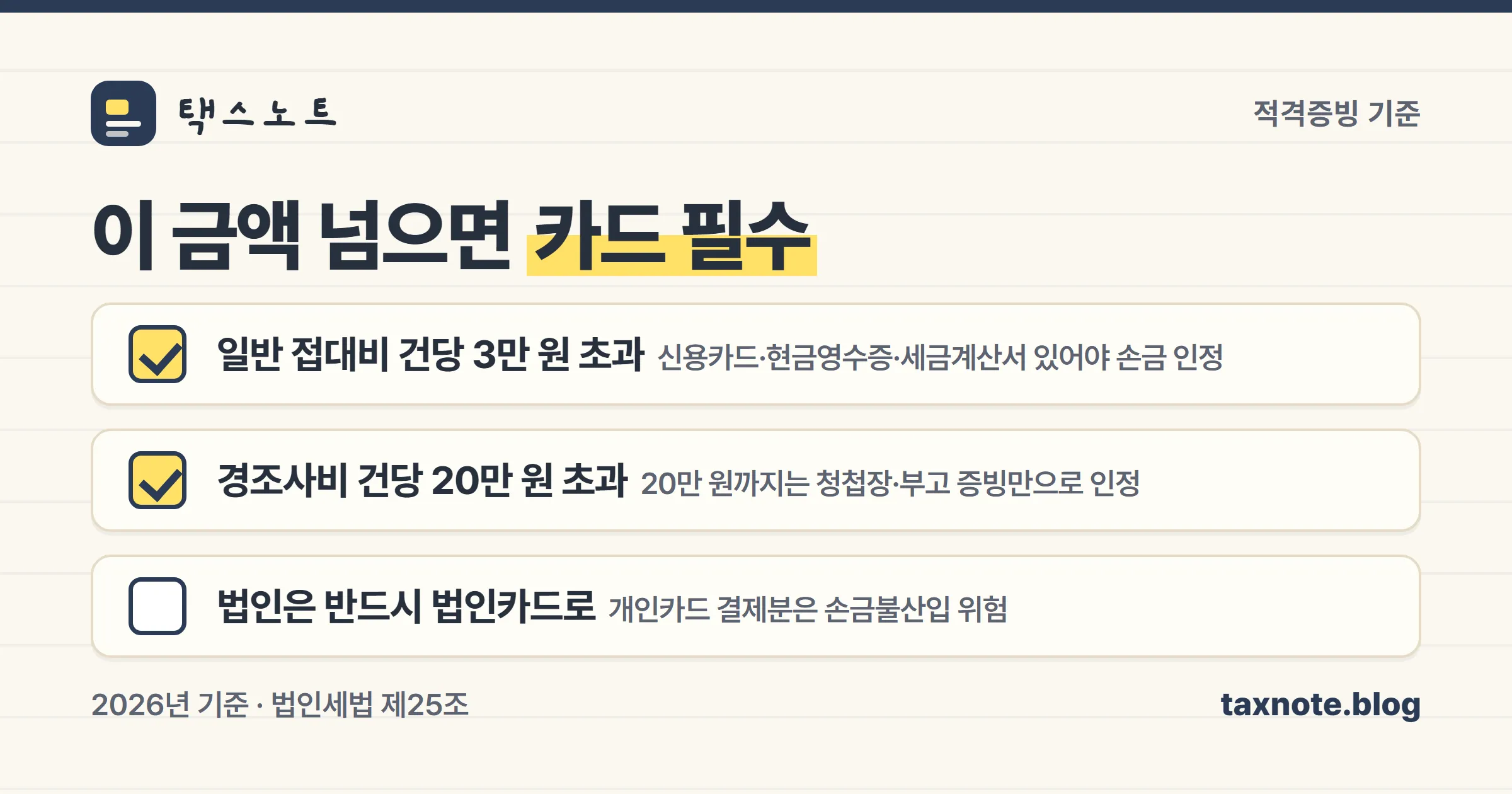 접대비 3만 원·경조사비 20만 원 적격증빙 기준을 정리한 체크리스트 노트
