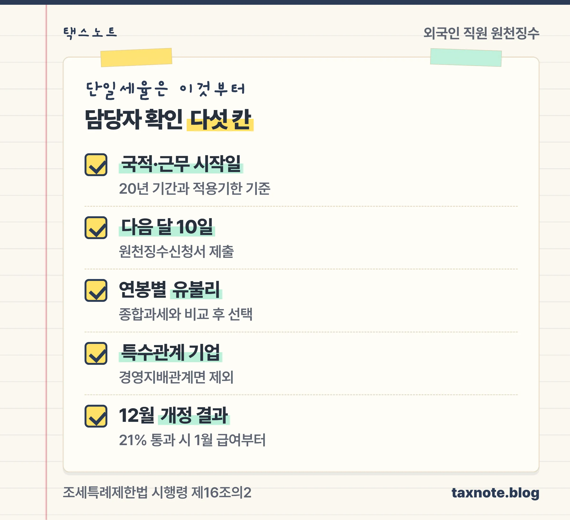 외국인 직원 단일세율 처리 때 국적과 근무 시작일, 다음 달 10일 원천징수신청서, 연봉별 유불리 비교, 특수관계 기업 여부, 12월 개정 결과를 확인하는 다섯 칸 체크리스트