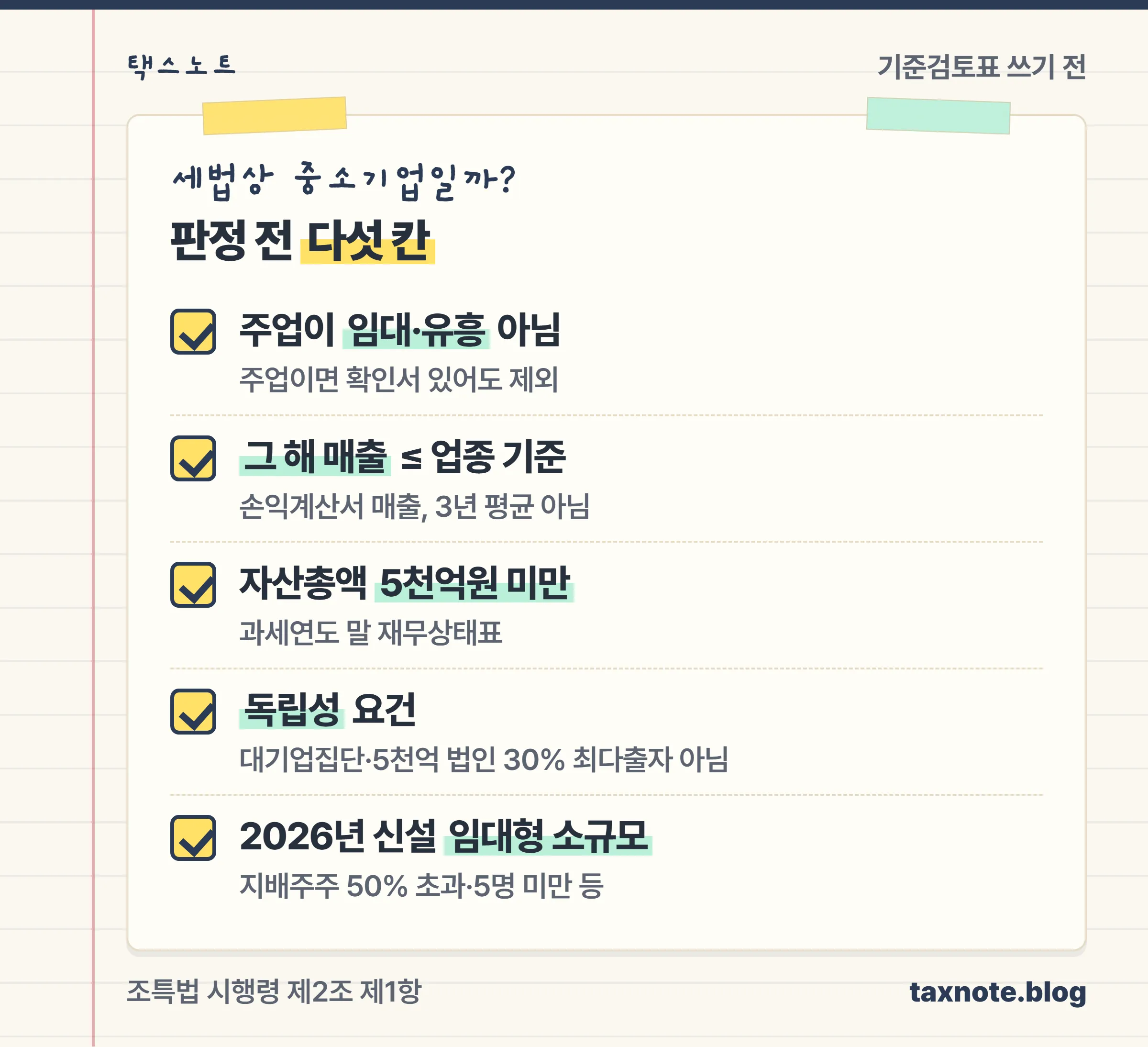 세법상 중소기업 판정 전 확인할 다섯 가지로 주된 업종, 그 해 매출액, 자산총액 5천억원, 독립성, 2026년 신설 임대형 소규모 법인 요건을 적은 체크 노트
