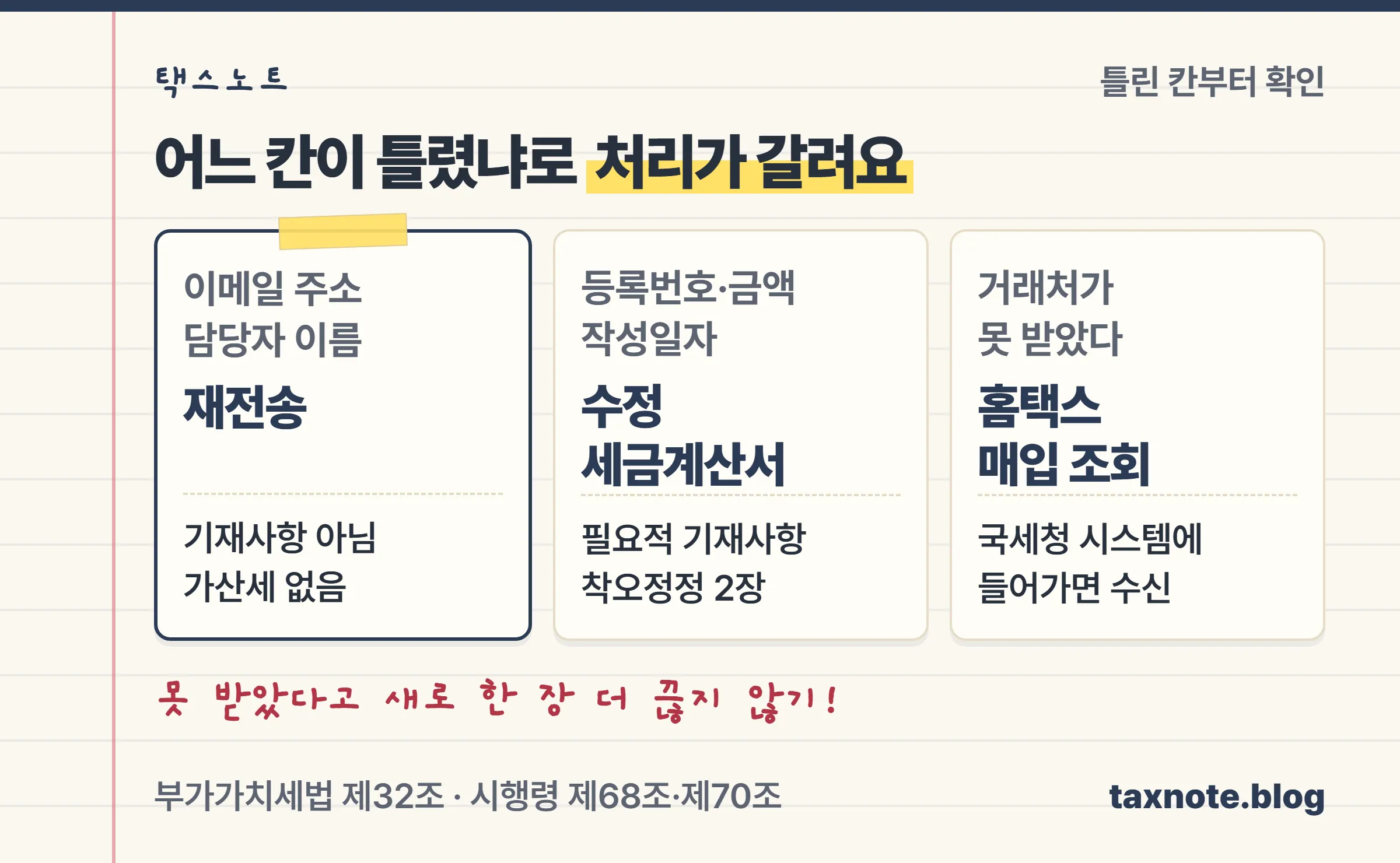 이메일 오류는 재전송, 등록번호·금액·작성일 오류는 수정세금계산서, 못 받았다는 거래처는 홈택스 매입 조회로 나뉘는 판단 노트