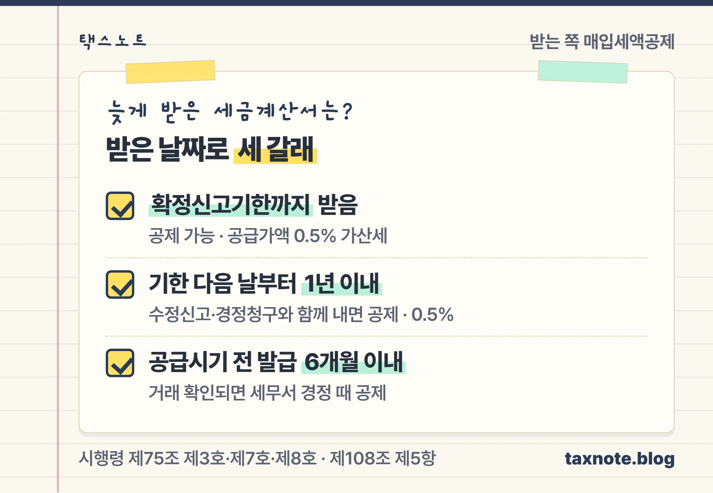 매입자 입장에서 확정신고기한까지 받으면 공제와 0.5%, 확정신고기한 다음 날부터 1년 이내는 수정신고나 경정청구와 함께 공제와 0.5%, 공급시기 6개월 전 발급분은 경정 때 공제된다는 매입자 체크 노트