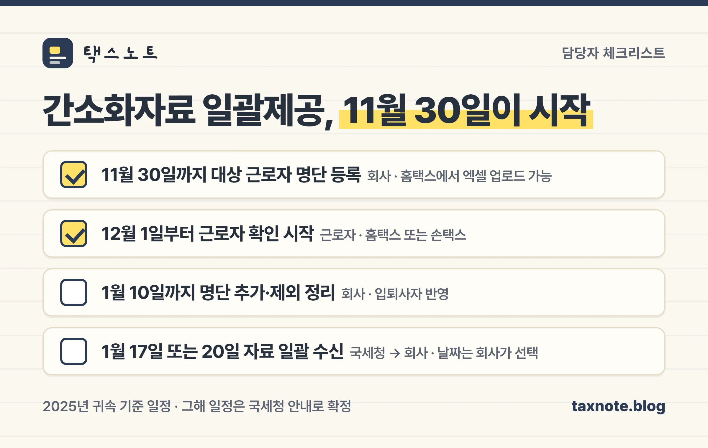 연말정산 간소화자료 일괄제공 서비스의 담당자 일정 체크리스트