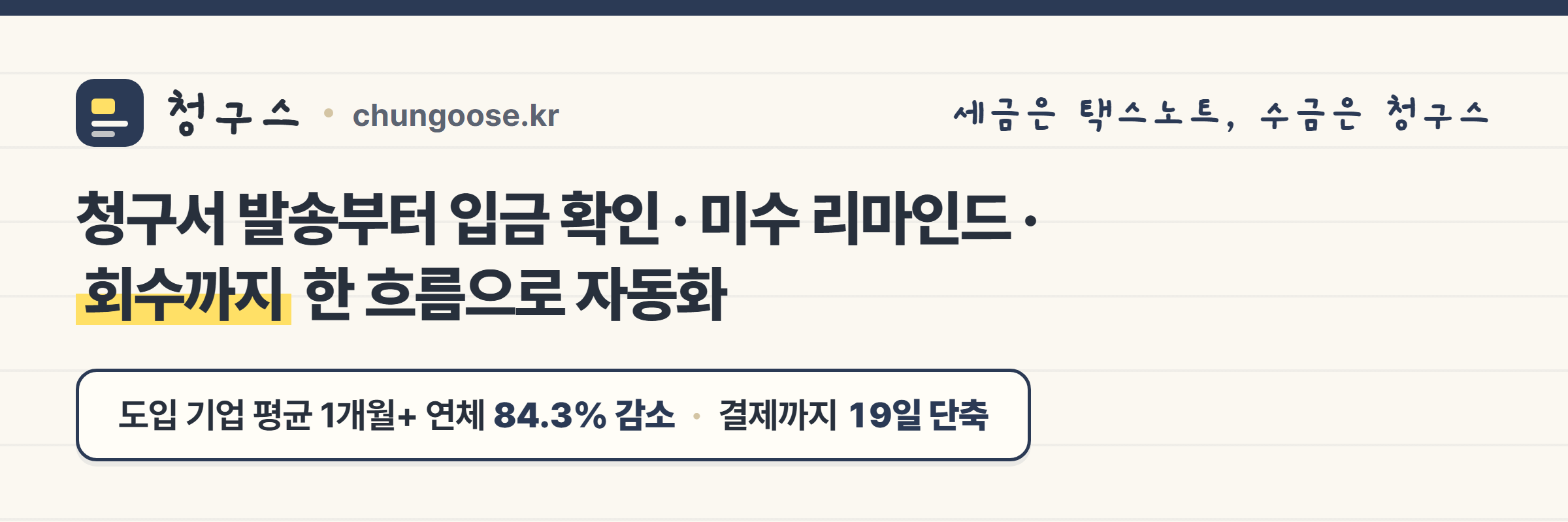 청구스 — 청구서 발송부터 입금 확인·미수 리마인드·회수까지 자동화, 도입 기업 평균 연체 84.3% 감소·결제까지 19일 단축